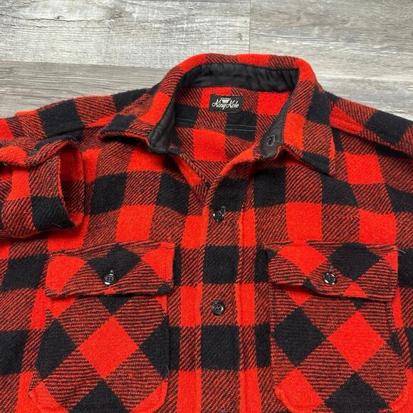 Vintage 50s 60s King Kole Red Black Buffalo Plaid Mens‎ L Wool Flannel Shacket - Picture 1 of 8